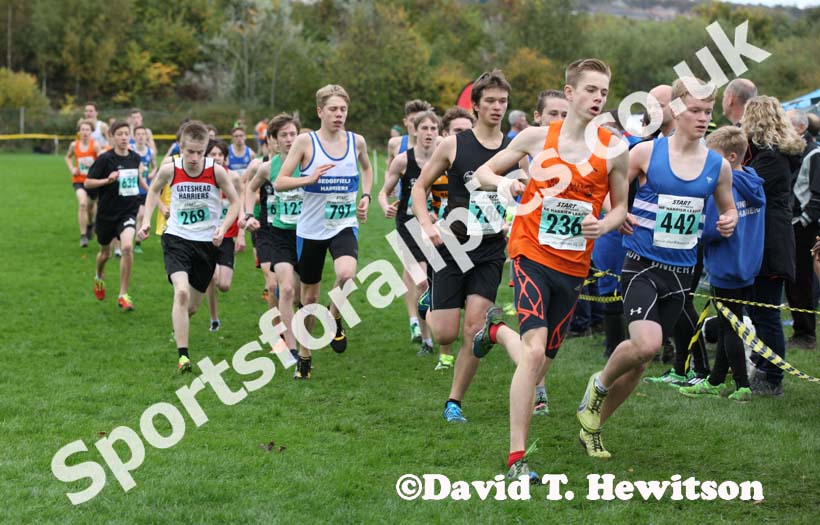 Oliver Watson (Durham City) and Nathan Cox (Morpeth) lead the under-17 mens North East Harrier League, Blaydon. Photo: David T. Hewitson/Sports for All Pics